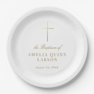 Assiettes En Carton Croix d'or simple élégant Baptême Christening