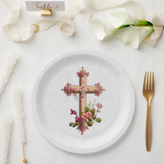Assiettes En Carton Croix en bois élégante aux fleurs roses (Mariage)