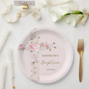 Assiettes En Carton Croix florale rose de baptême