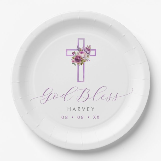 Assiettes En Carton Croix florale violette Dieu béni Baptême (Devant)
