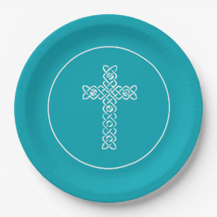 Assiettes En Carton Croix Peacock Blue Communion Baptême Christen