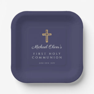 Assiettes En Carton Croix religieuse bleu marine Première communion de