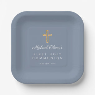 Assiettes En Carton Croix religieuse Dusty Blue Boy First Communion