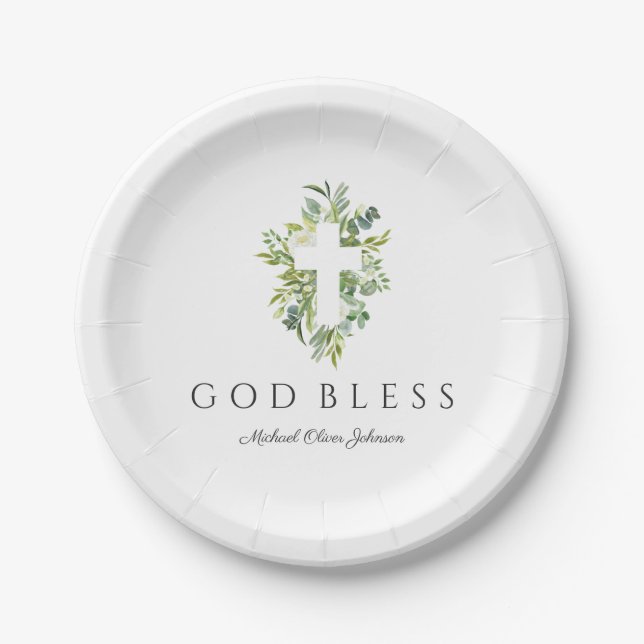Assiettes En Carton Croix religieuse Vert Botanique Dieu béni Baptême (Devant)
