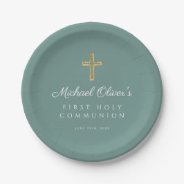 Assiettes En Carton Croix religieuse verte moderne Première communion