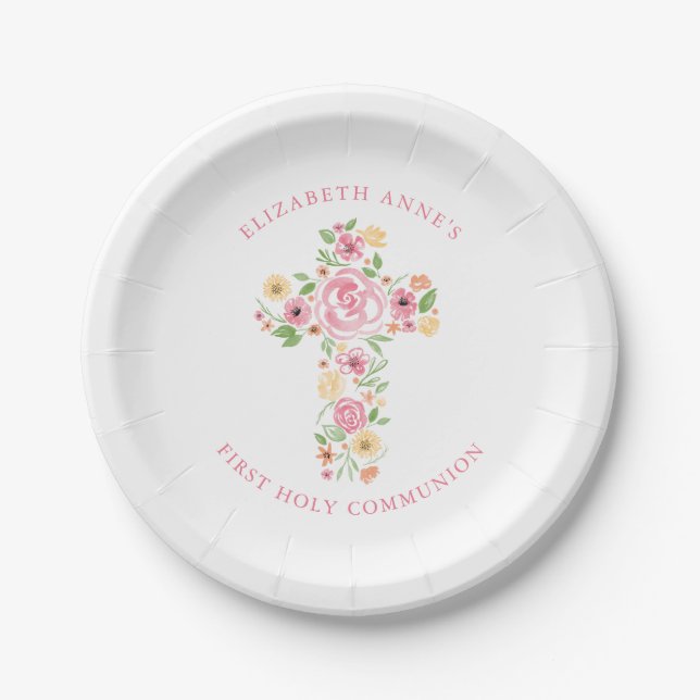 Assiettes En Carton Croix rose de l'aquarelle Fleur première communion (Devant)