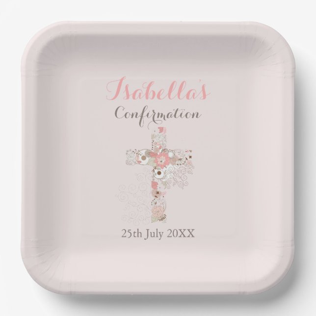 Assiettes En Carton Croix rose pâle nom de la fille confirmation (Recto)