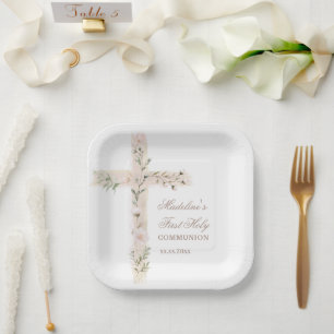 Assiettes En Carton croix Sainte Première communion florale