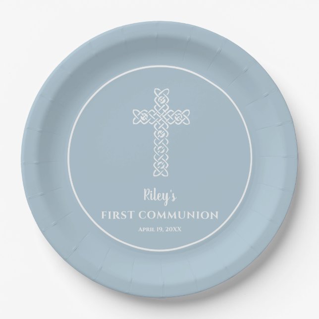 Assiettes En Carton Croix sur la communion bleu acier Baptême Christen (Devant)