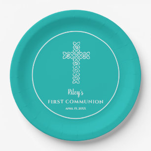 Assiettes En Carton Croix Turquoise bleu Communion Baptême Christening