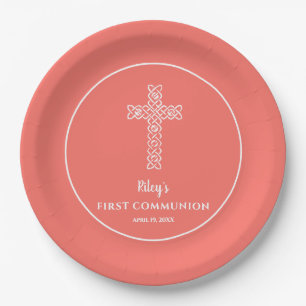 Assiettes En Carton Croix Vivre Communion de corail Baptême Christen