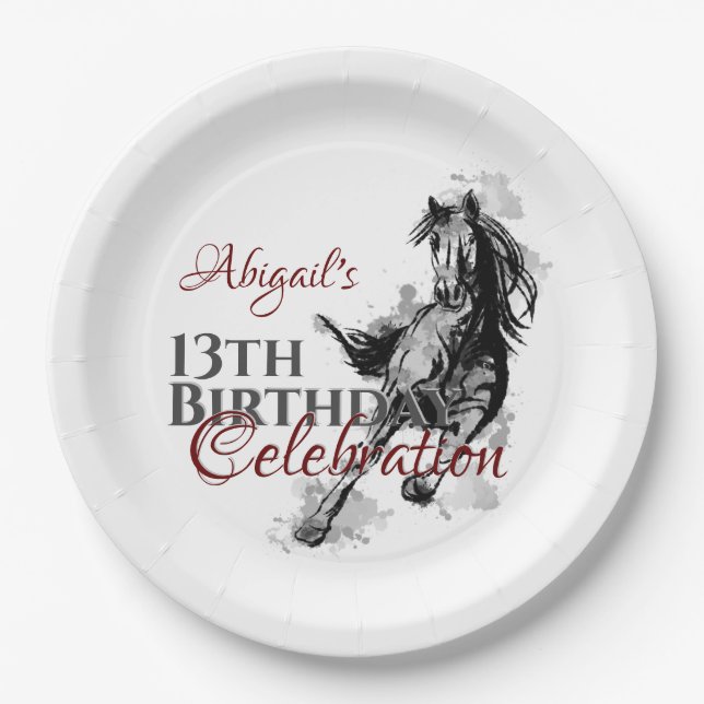 Assiettes En Carton Croquis de cheval à galop personnalisé Anniversair (Devant)