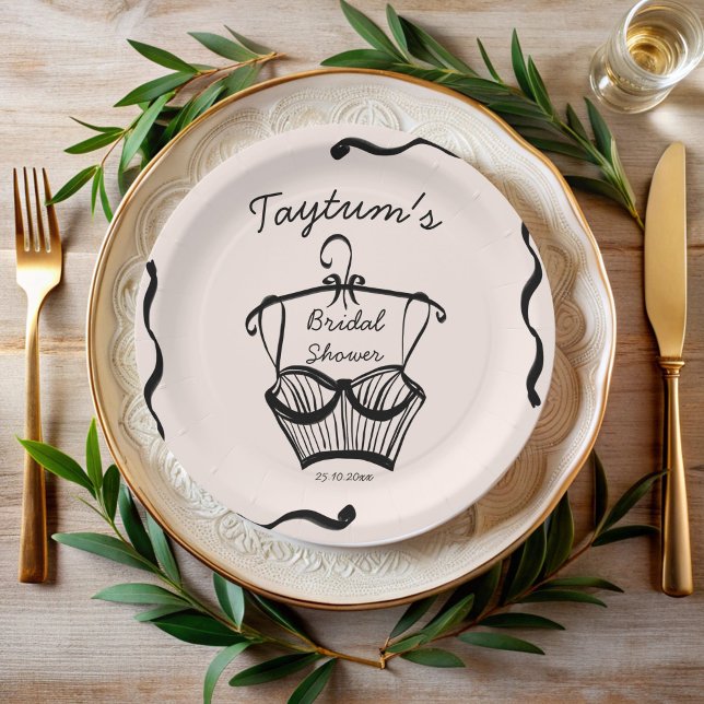 Assiettes En Carton Croquis de frontière ondulée de lingerie pour fête (Lingerie bridal shower wavy border hand drawn sketch personalized monogrammed paper plates)