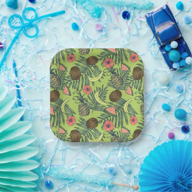 Assiettes En Carton Croquis de fruits tropicaux sur Motif vert (Fête)