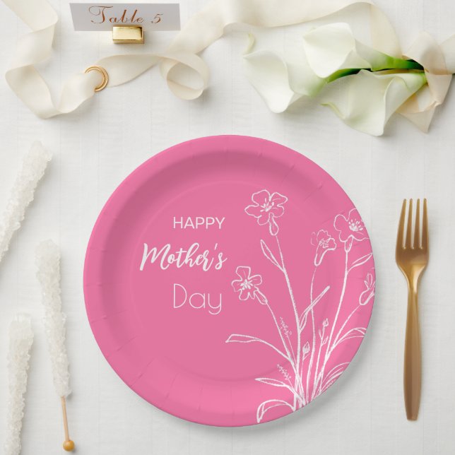 Assiettes En Carton Croquis floral Bonne fête des mères (Mariage)