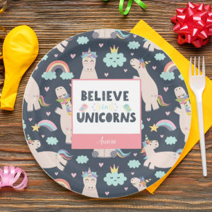 Assiettes En Carton Croyez en Unicorns Bleu et Rose fille Motif enfant