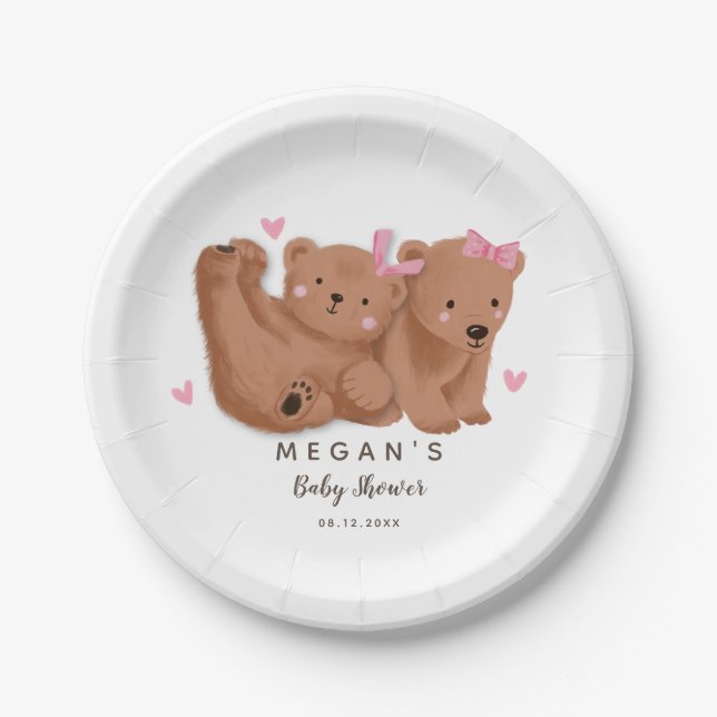 Assiettes En Carton Cub Bear Thème Twins Girls Baby shower  (Devant)