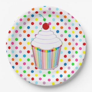 Assiettes En Carton Cupcake à points de polka arc-en-ciel