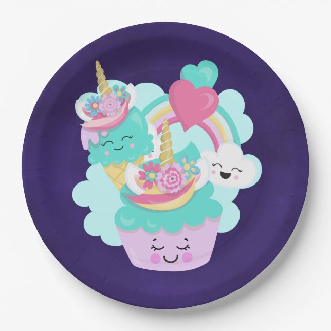 Assiettes En Carton Cupcake mignonne et crème glacée joyeuse (Devant)