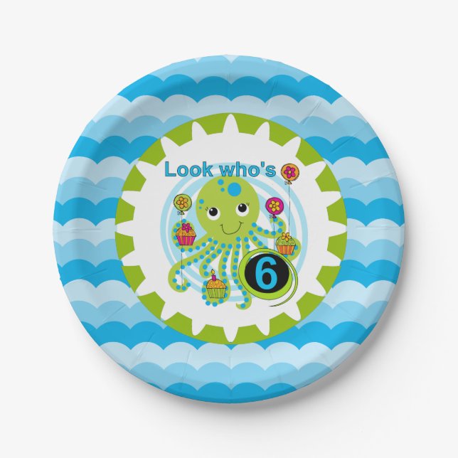 Assiettes En Carton Cupcake Octopus 6 plaques de papier d'anniversaire (Devant)