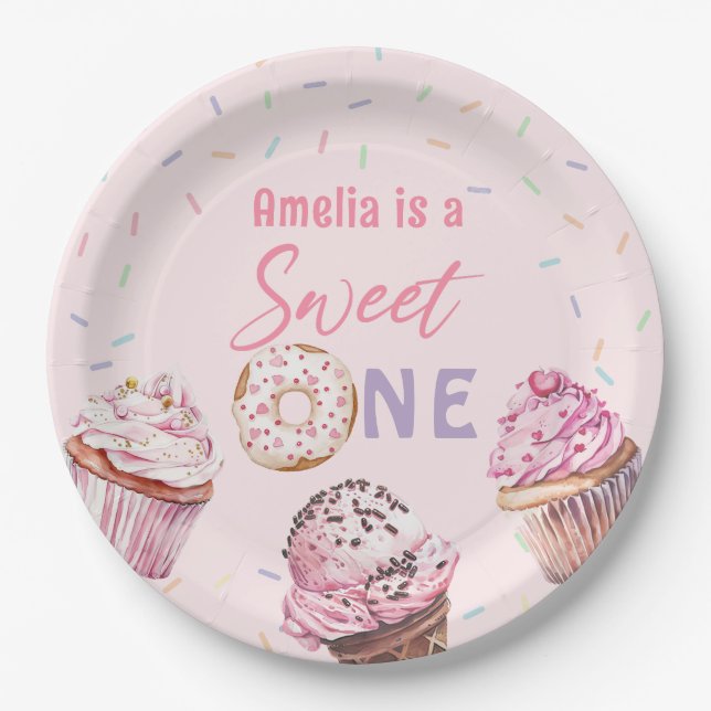 Assiettes En Carton Cupcake rose et Plaques de papier d'anniversaire (Devant)