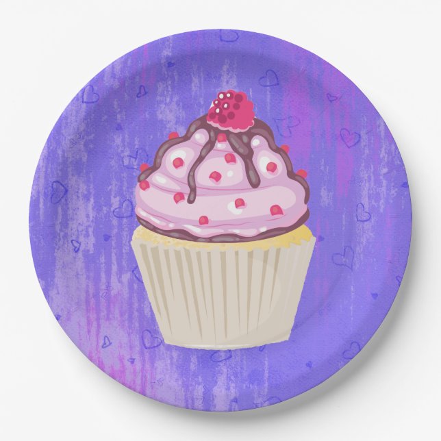 Assiettes En Carton Cupcake sucré avec framboise sur le dessus (Devant)