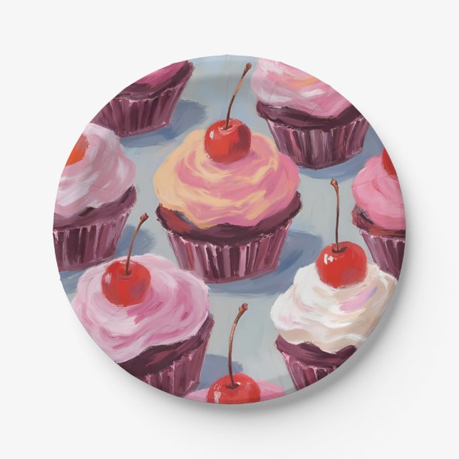 Assiettes En Carton Cupcakes aux cerises congelées | Fête d'anniversai (Devant)