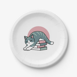 Assiettes En Carton Curieux avec un livre et un chat - Lecture confort