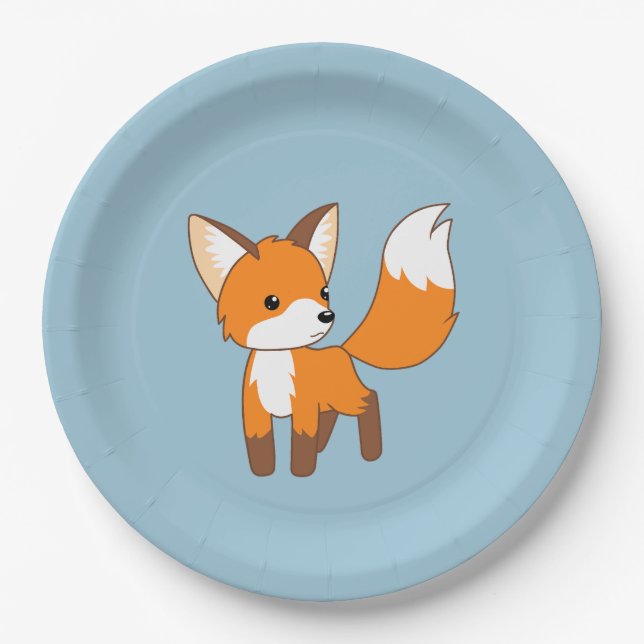 Assiettes En Carton Curieux Petit Renard sur Bleu (Devant)