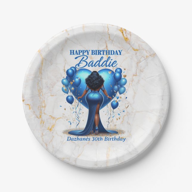 Assiettes En Carton Curvy African American Woman Blue Glam Anniversair (Devant)