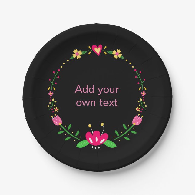 Assiettes En Carton Custom Floral Wreath on Black (Devant)