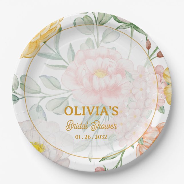 Assiettes En Carton Custom Name Date Yellow Floral Bridal Shower Party (Devant)