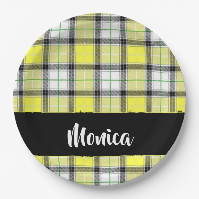 Assiettes En Carton Custom name yellow plaid (Devant)