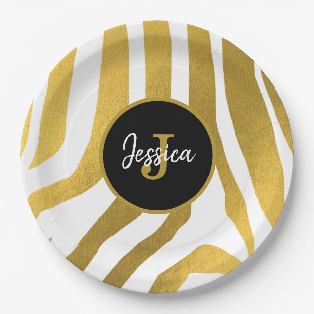 Assiettes En Carton Customisé Faux Gold Zebra Print Stripes Motif (Devant)