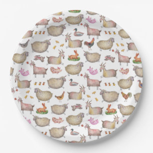 Assiettes En Carton Cute Aquarelle ferme Grange Animaux Motif