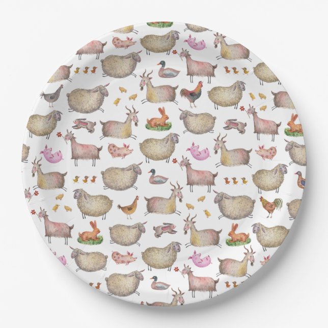Assiettes En Carton Cute Aquarelle ferme Grange Animaux Motif (Devant)