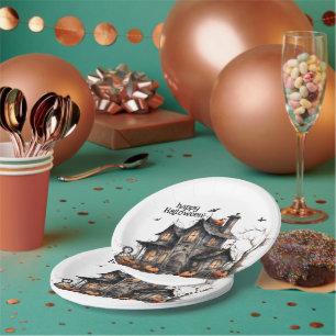 Assiettes En Carton Cute Aquarelle Maison Hantée Halloween