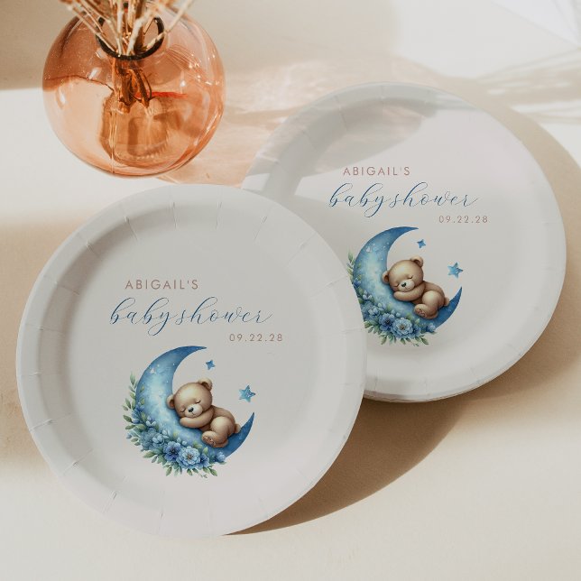 Assiettes En Carton Cute Aquarelle Ours Bleu Lune Baby shower garçon (Créateur téléchargé)