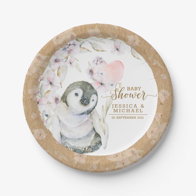 Assiettes En Carton Cute Aquarelle Penguin Baby shower neutre genre (Devant)