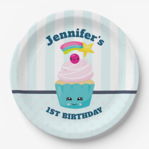 Assiettes En Carton Cute Blue Cupcake avec Kawaii Face Anniversaire