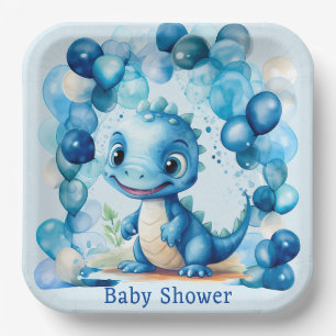 Assiettes En Carton Cute Blue Dinosaur Ballons Baby shower garçon
