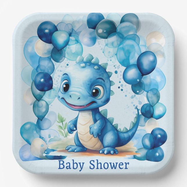 Assiettes En Carton Cute Blue Dinosaur Ballons Baby shower garçon (Recto)