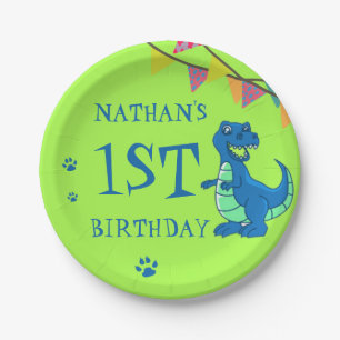 Assiettes En Carton Cute Blue Green Paw Dinosaur Thème Anniversaire