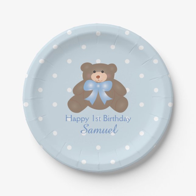 Assiettes En Carton Cute Blue Ribbon Teddy Bear Boy Anniversaire (Devant)