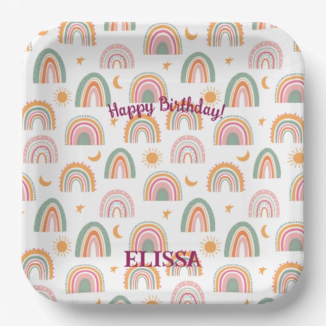 Assiettes En Carton Cute Boho Rainbow Motif Nom personnalisé (Recto)