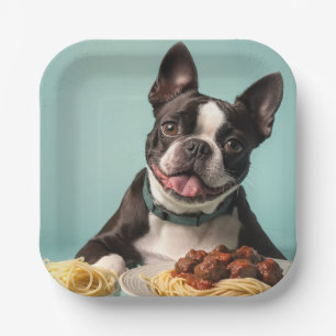 Assiettes En Carton Cute Boston Terrier Avec Spaghetti Bolognaise