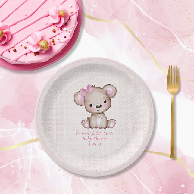 Assiettes En Carton Cute Brown Ours Fille Plaid Plaque de papier rose (Créateur téléchargé)