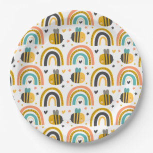 Assiettes En Carton Cute Bumble Bee et Rainbows Motif