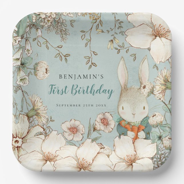 Assiettes En Carton Cute Bunny Botanique Poudre Bleu Premier Anniversa (Recto)