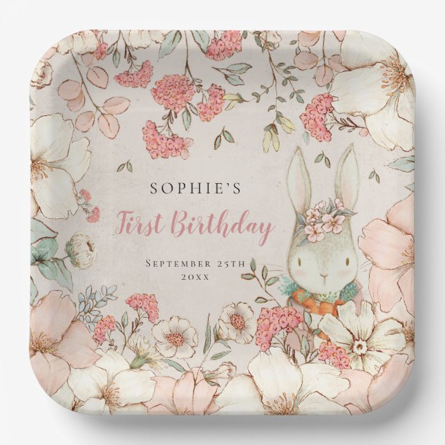 Assiettes En Carton Cute Bunny Floral Premier anniversaire fête (Recto)